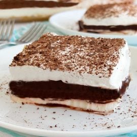 chocolate delight with cool whip, instant pudding and cream cheese on a plate