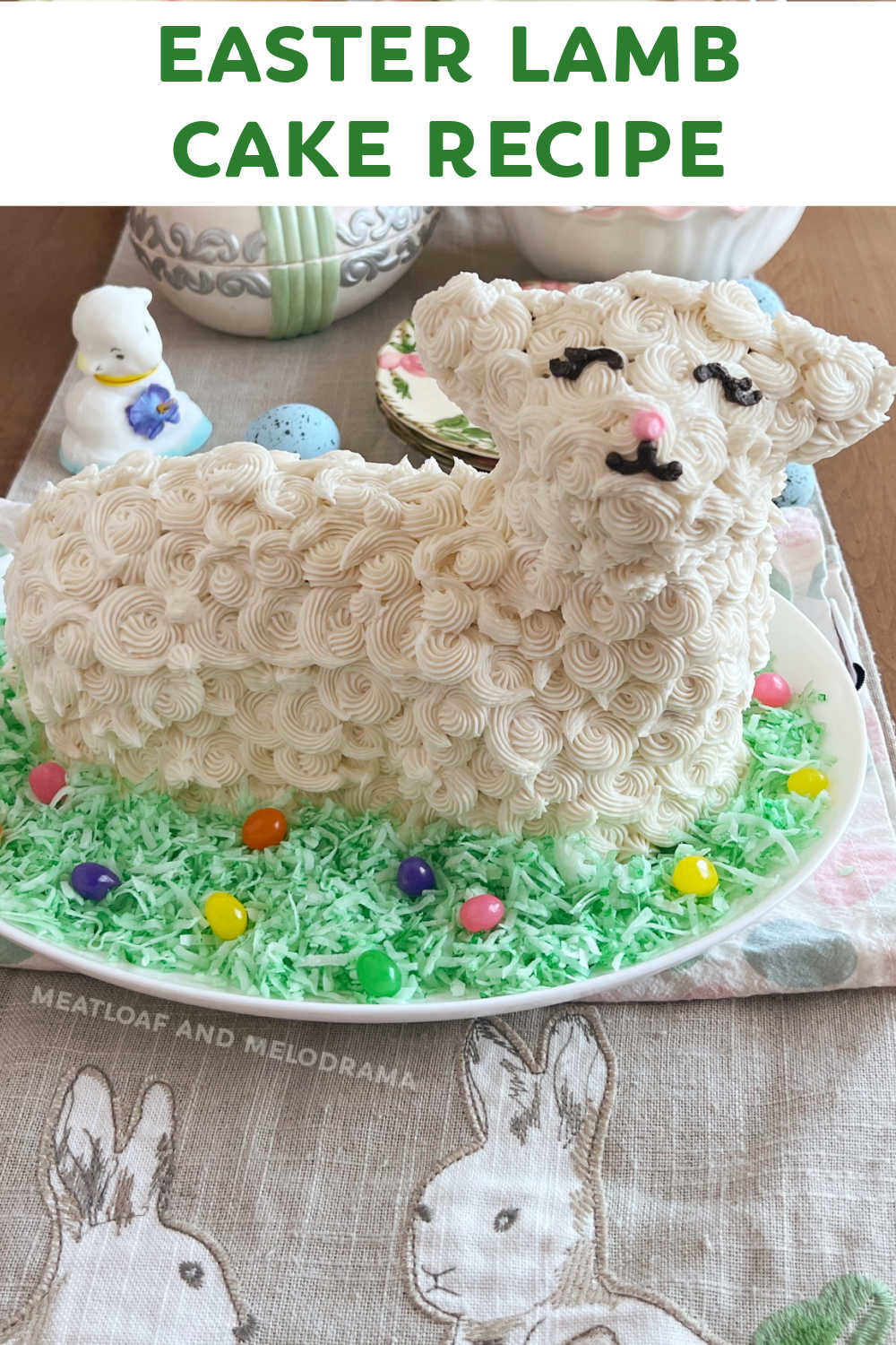 This Easter Lamb Cake recipe is a pound cake made from cake mix, sour cream and pudding mix and baked in a lamb mold. An adorable Easter dessert for Easter Sunday that is almost too pretty to eat! via @meamel