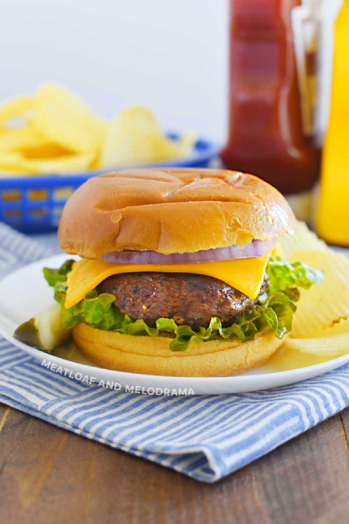 lipton onion soup burger with cheese in hamburger buns on the table