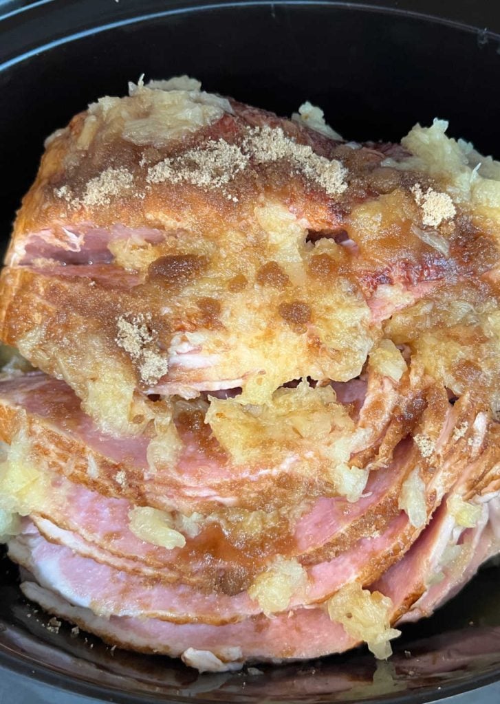 spiral ham in slow cooker with pineapple brown sugar topping