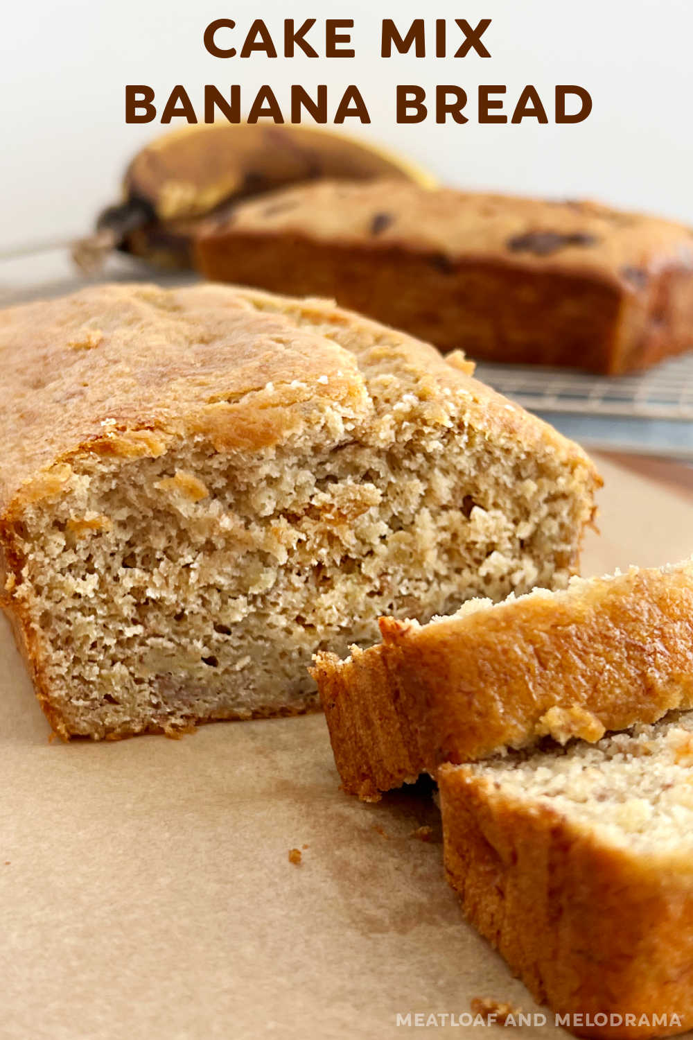 This Easy Cake Mix Banana Bread recipe makes the BEST banana bread with cake mix, ripe bananas, eggs and applesauce. Moist, delicious and a great recipe for using up ripe bananas! via @meamel