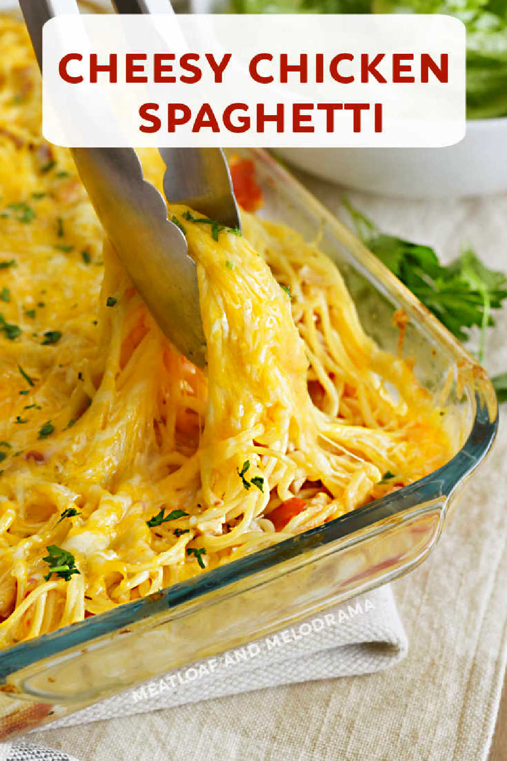 This Cheesy Chicken Spaghetti recipe made with leftover chicken, tender pasta, diced tomatoes and cheese in a creamy sauce is a family favorite dinner. Your whole family will love this cheesy pasta bake. It's the ultimate comfort food! via @meamel