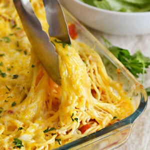 cheesy chicken spaghetti with diced tomatoes in kitchen tongs