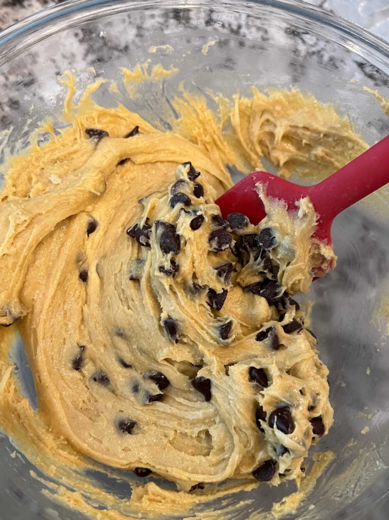 cake mix cookie bar dough with chocolate chips in bowl