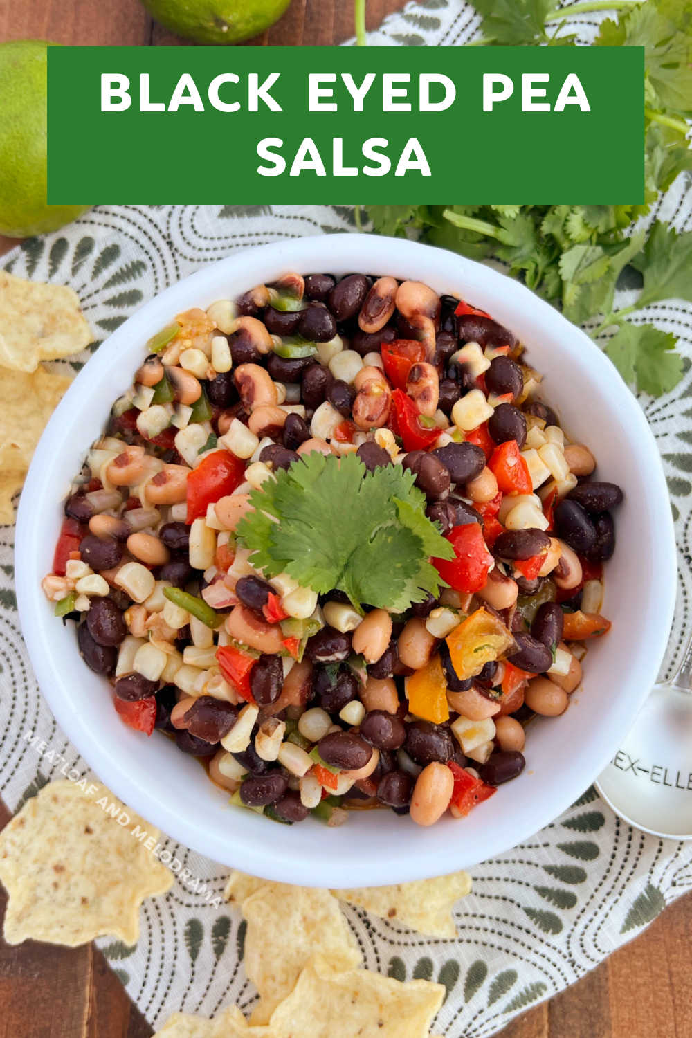 Black Eyed Pea Salsa or Cowboy Caviar is a delicious appetizer made with black eyed peas, black beans and sweet corn. Just add your favorite tortilla chips for a healthy chip dip! via @meamel