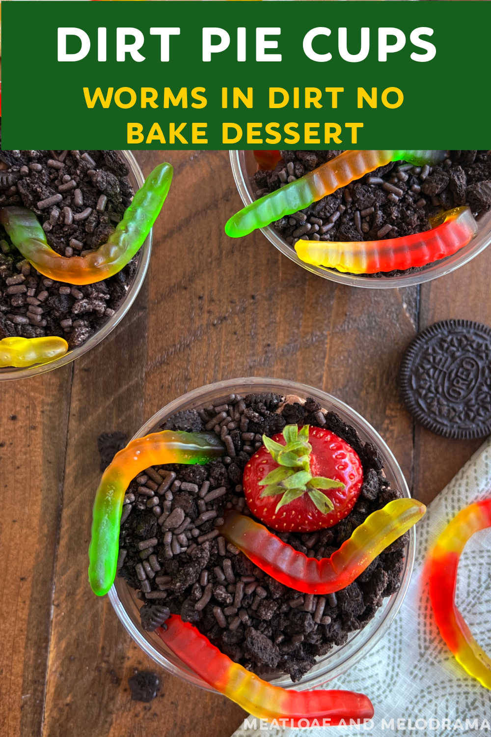 This Dirt Pie Recipe with gummy worms, Oreo cookies, chocolate pudding and Cool Whip is an easy no bake dessert perfect for summer. Kids love this mud pie recipe, also called worms in dirt or dirt pudding! via @meamel