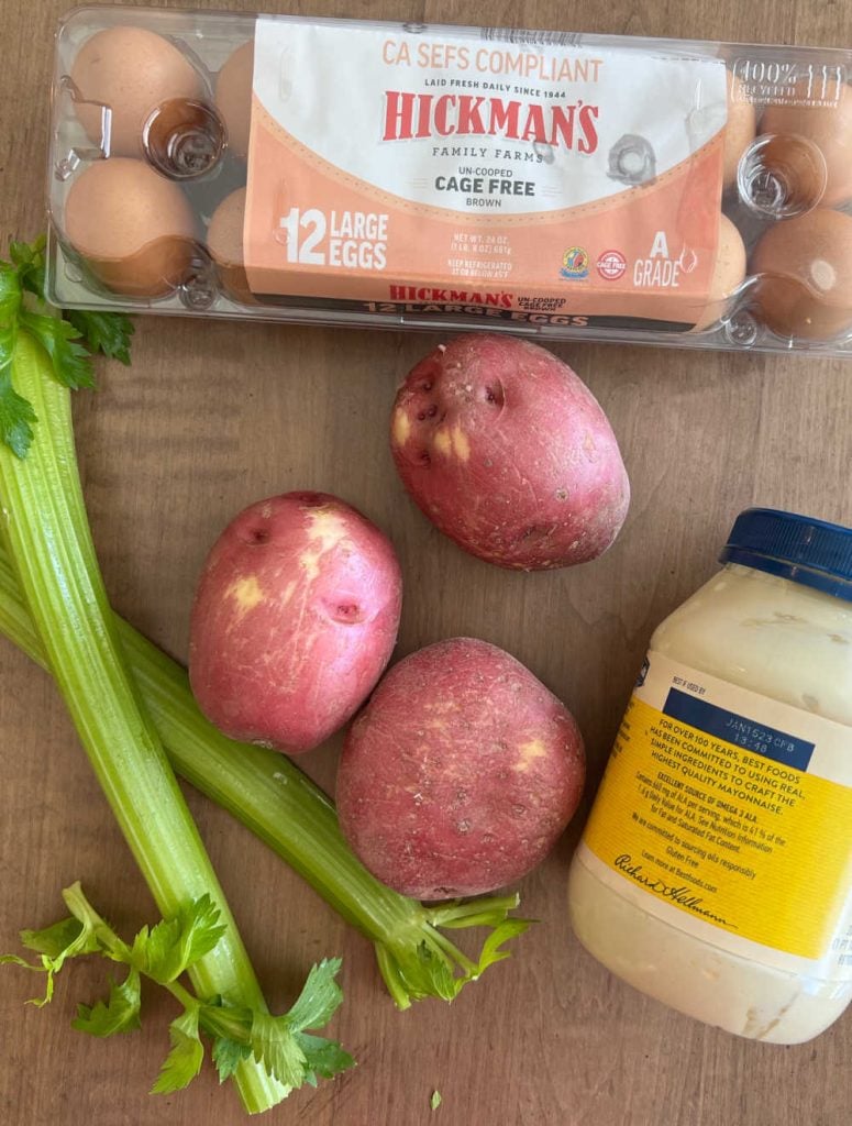 red potatoes, celery, mayonnaise and eggs