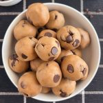 no bake chocolate chip cookie dough balls in white bowl