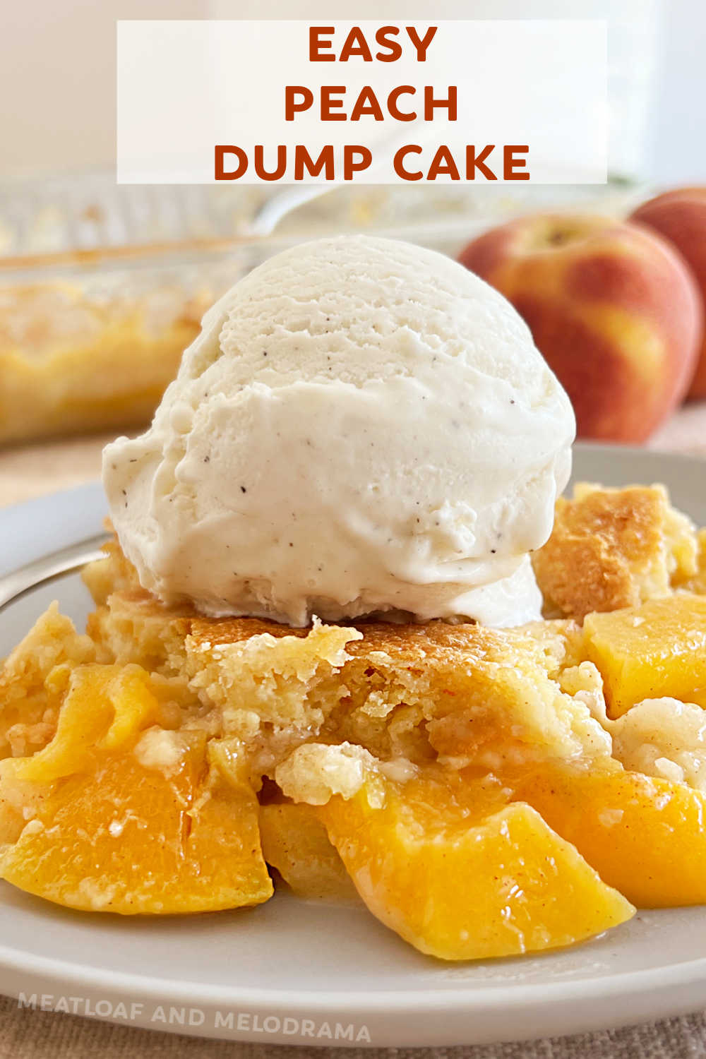 This Easy Peach Dump Cake recipe is made with canned peaches, cinnamon, cake mix and butter. An easy dessert recipe and a family favorite. Peach lovers love this delicious dessert! via @meamel
