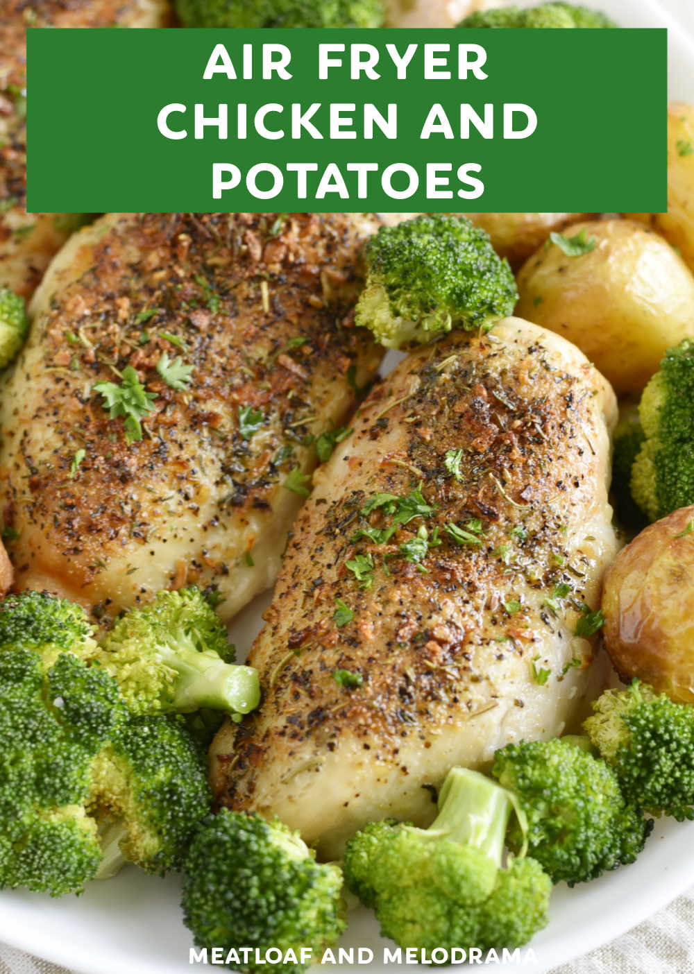 Air Fryer Chicken and Potatoes is an easy dinner of herbed chicken breasts, baby potatoes and broccoli all cooked together in under 30 minutes! A complete meal your whole family will love!  via @meamel