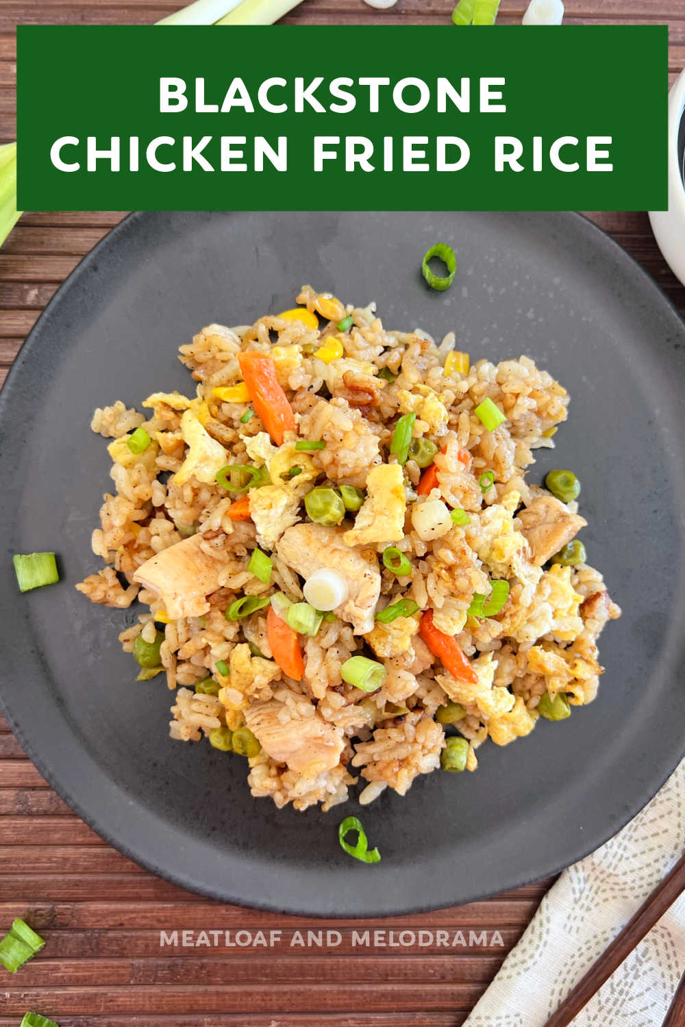 Learn how to cook chicken fried rice on the Blackstone griddle with this easy Blackstone Chicken Fried Rice recipe. A complete meal in minutes the whole family will love! via @meamel