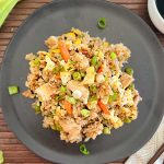 blackstone chicken fried rice with egg and vegetables on a plate