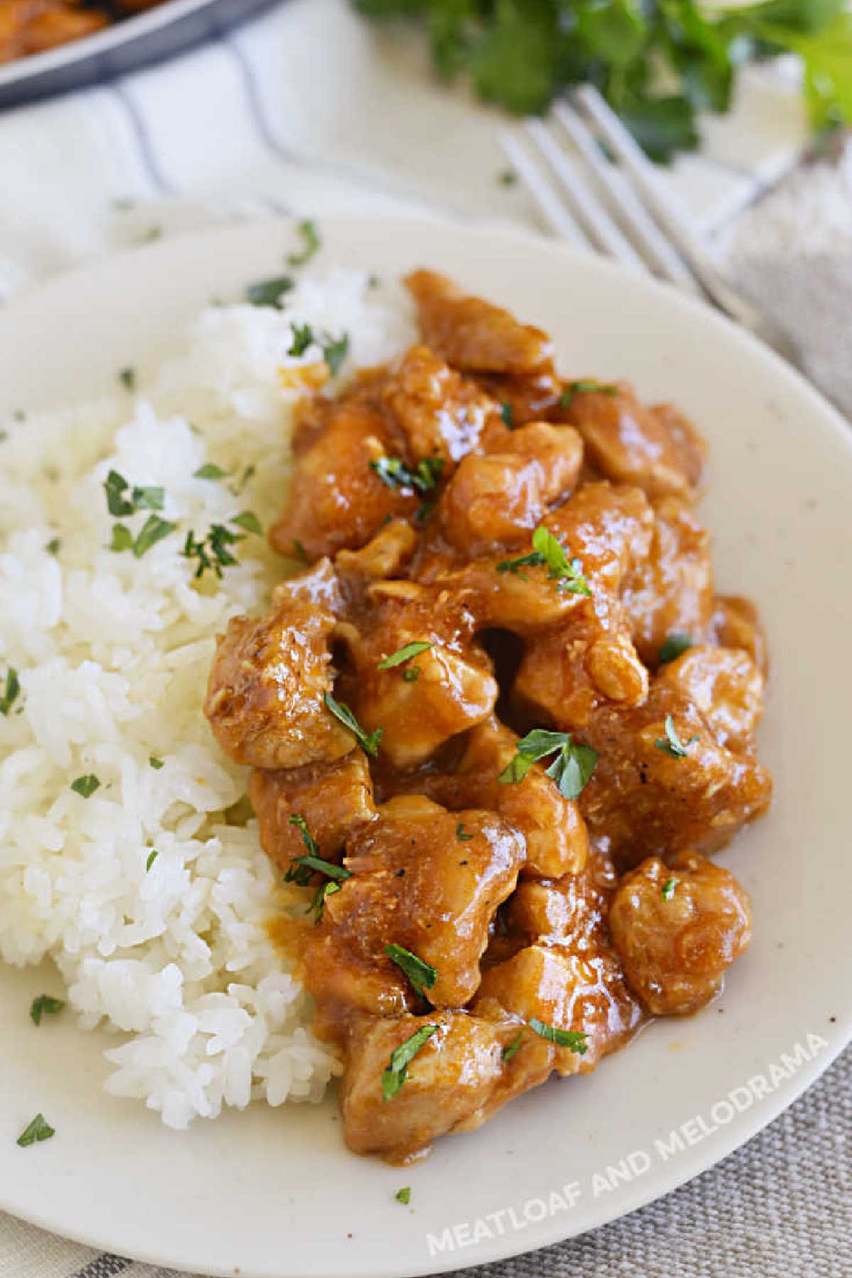 plate of bourbon chicken and rice on the table