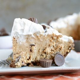 no bake chocolate peanut butter pie with cool whip on plate