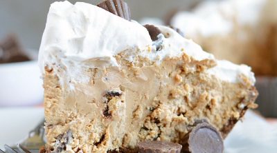 no bake chocolate peanut butter pie with cool whip on plate