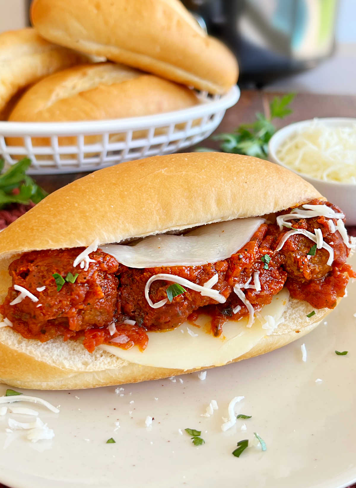 meatball sub sandwich with cheese and marinara sauce made with frozen meatballs