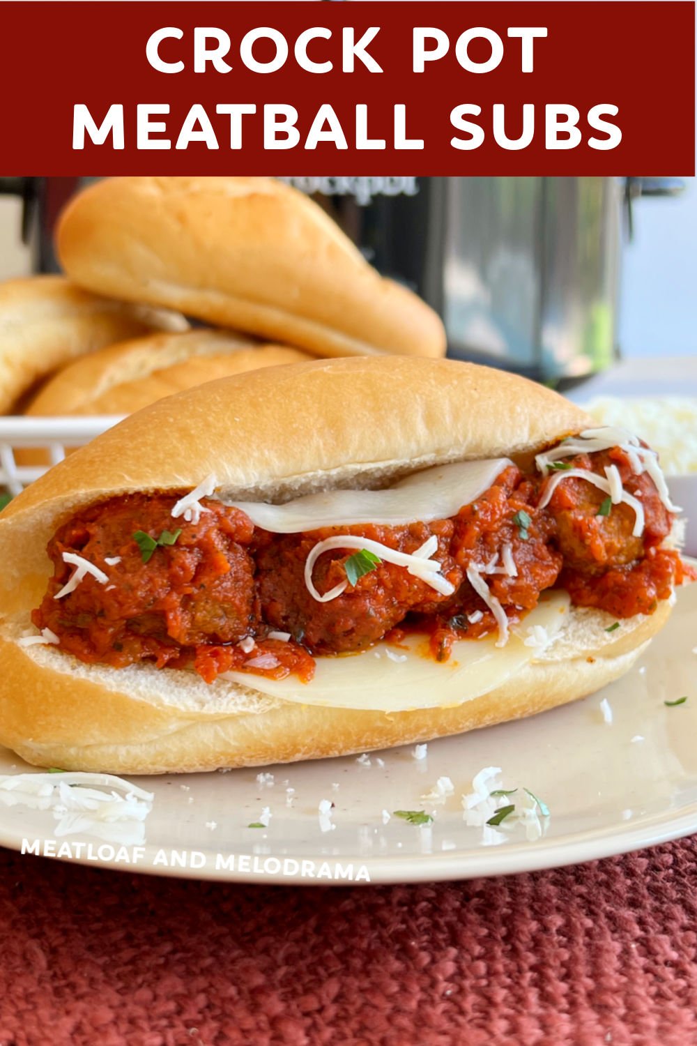 Make Easy Meatball Subs with frozen meatballs in the crock pot. Slow cooker meatball sandwiches are perfect for a quick dinner on busy weeknights and make delicious game day food! via @meamel