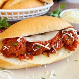 meatball subs with cheese and marinara sauce made from frozen meatballs