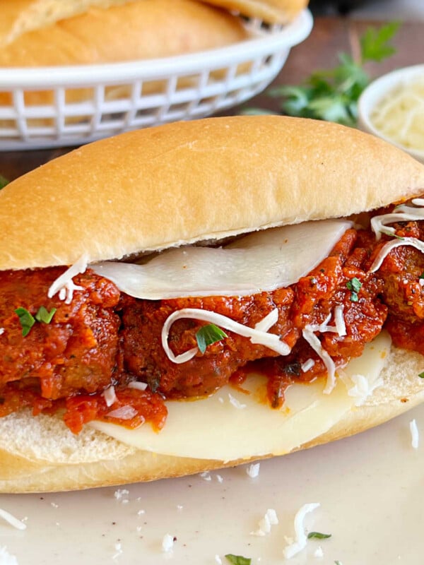 meatball subs with cheese and marinara sauce made from frozen meatballs