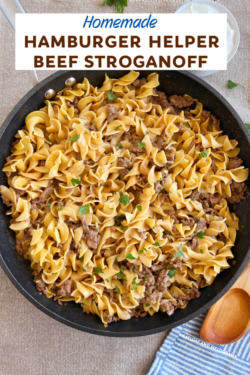 Homemade Hamburger Helper Beef Stroganoff with ground beef and tender egg noodles is a quick dinner the whole family loves. A 30 minute meal perfect for busy weeknights! via @meamel