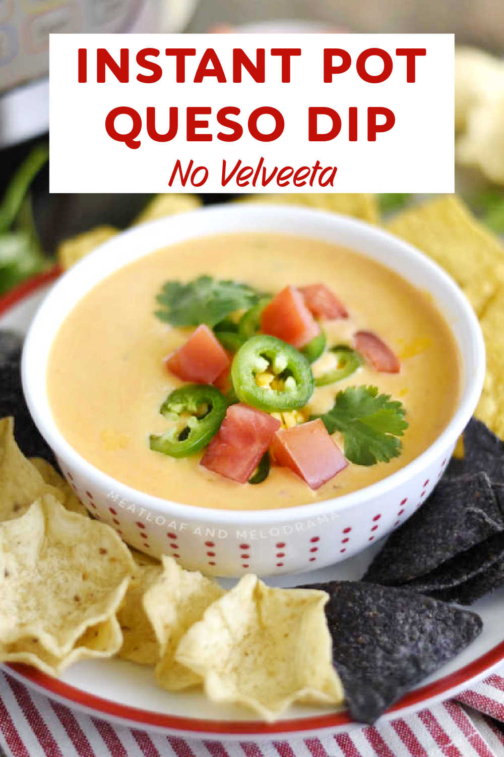 Easy Instant Pot Queso Dip made with cream cheese shredded cheddar cheese and Monterey Jack -- no Velveeta -- is a delicious hot cheese dip perfect for game day and parties. This easy recipe is Keto friendly, too! via @meamel