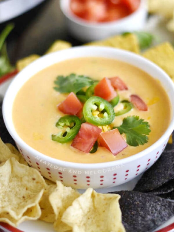 instant pot queso dip in a bowl with cheddar cheese, jalapeno, tomatoes and tortilla chips