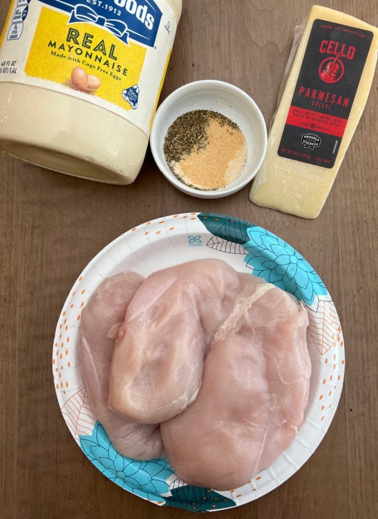 chicken breasts, mayonnaise, parmesan cheese and seasonings