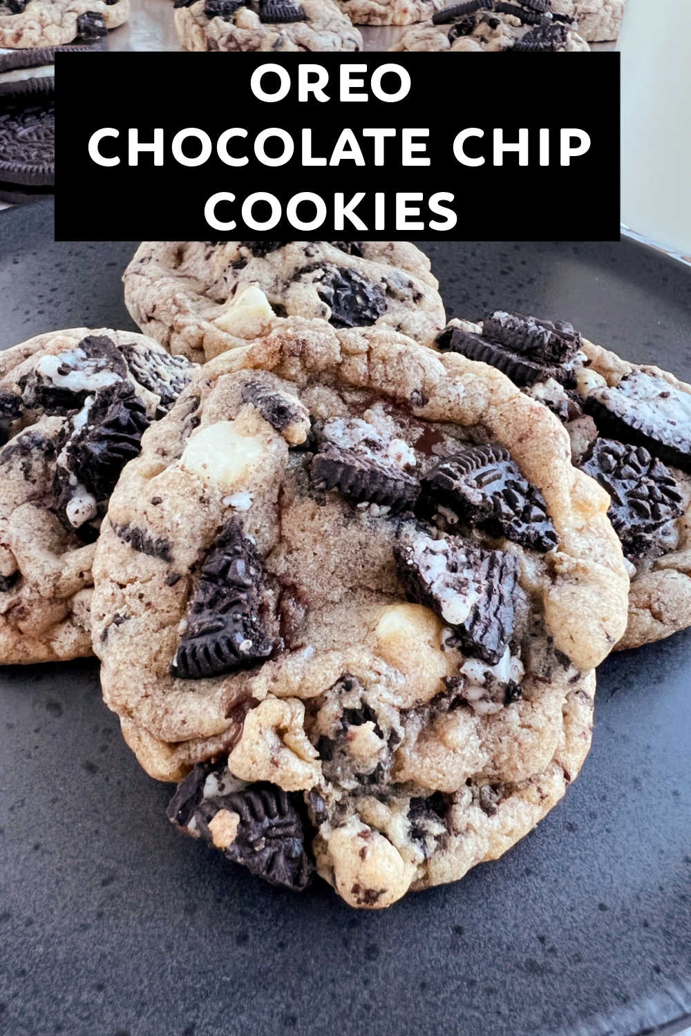 Oreo Chocolate Chip Cookies filled with Oreo cookies, chocolate chips and white chocolate chips have a chewy center and crispy edges. These delicious cookies are easy to make and perfect with a tall glass of milk! via @meamel