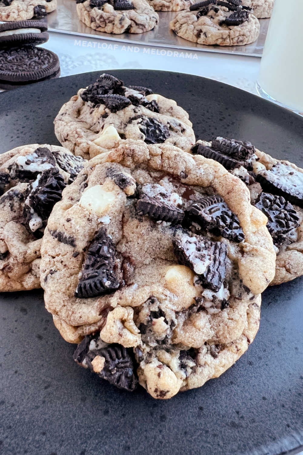 close up of oreo chocolate chip cookies on plate