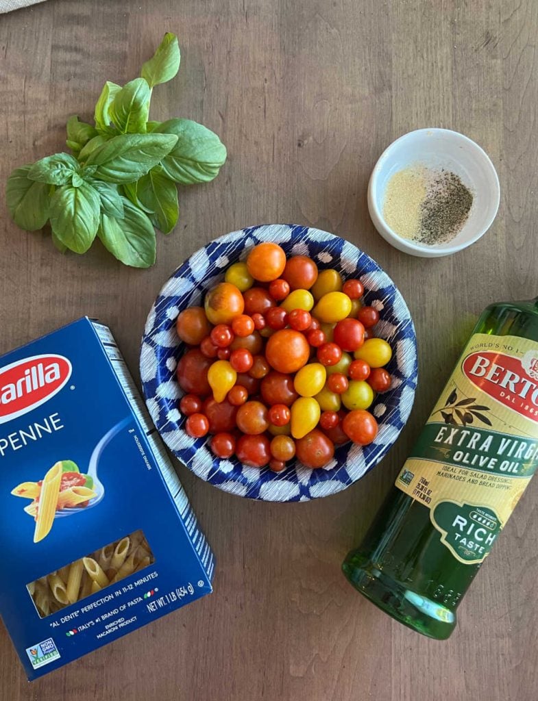 fresh basil, penne pasta, grape tomatoes, seasonings and olive oil