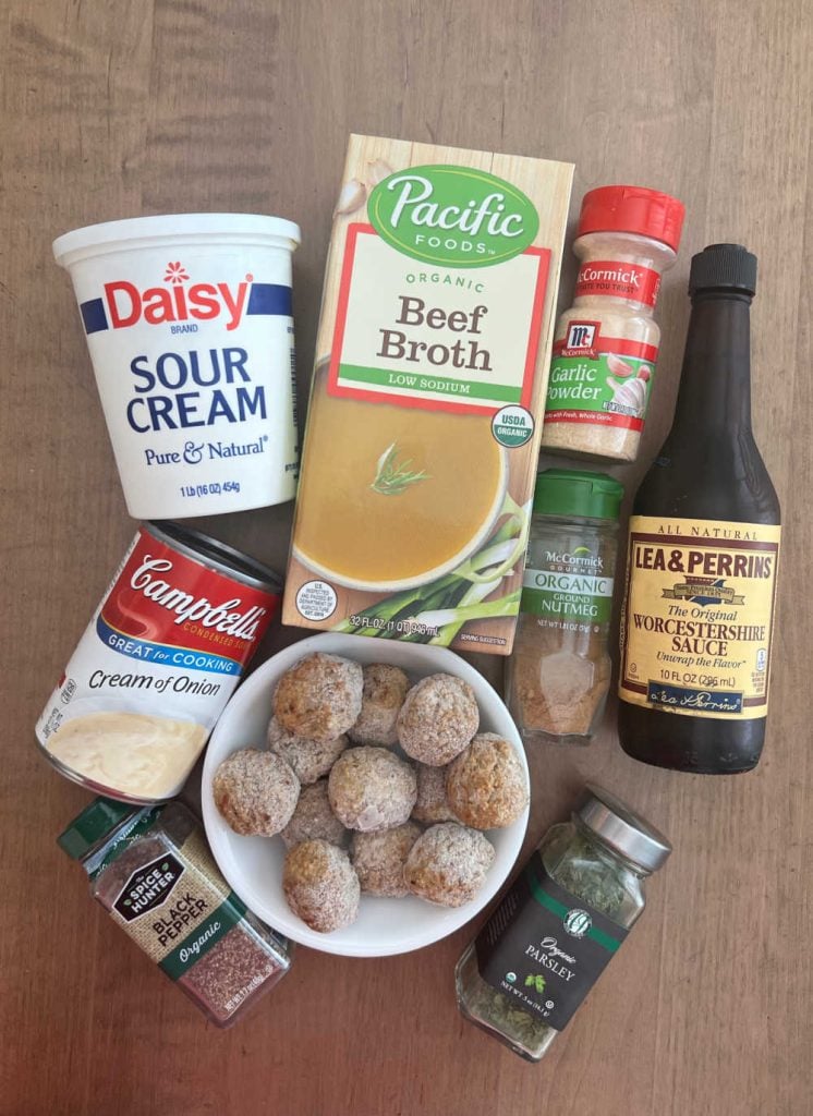 frozen meatballs, cream soup, sour cream, beef broth, Worcestershire sauce and spices