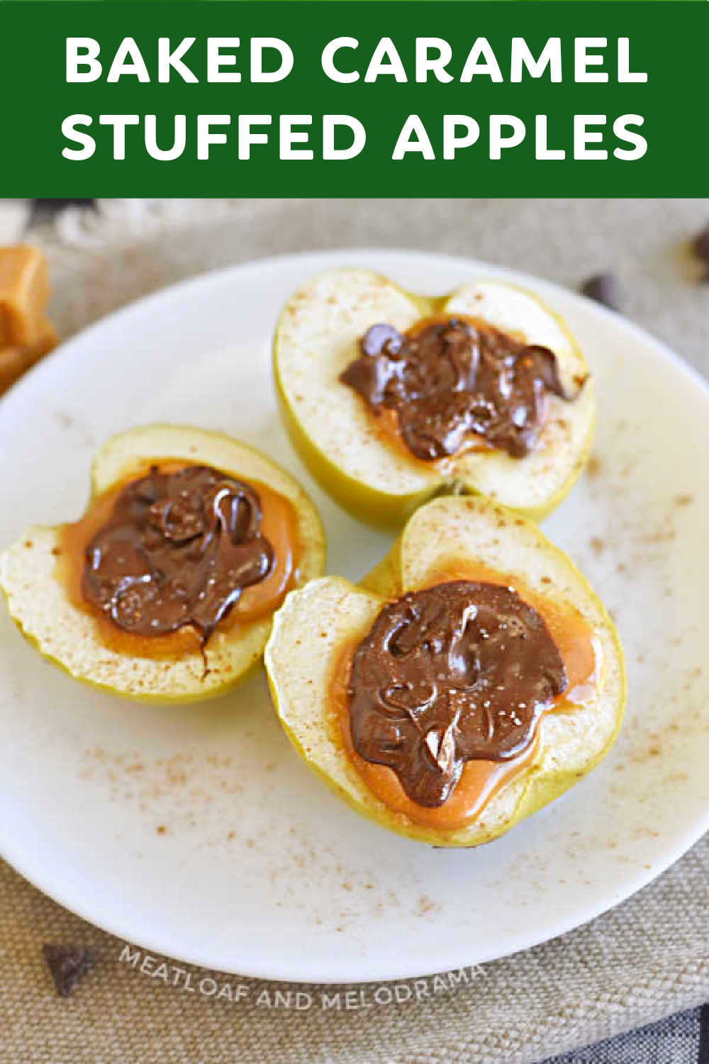 Baked Caramel Stuffed Apples are baked apples stuffed with caramel and topped with melted chocolate and cinnamon. Chocolate caramel apples are an easy fall dessert! via @meamel