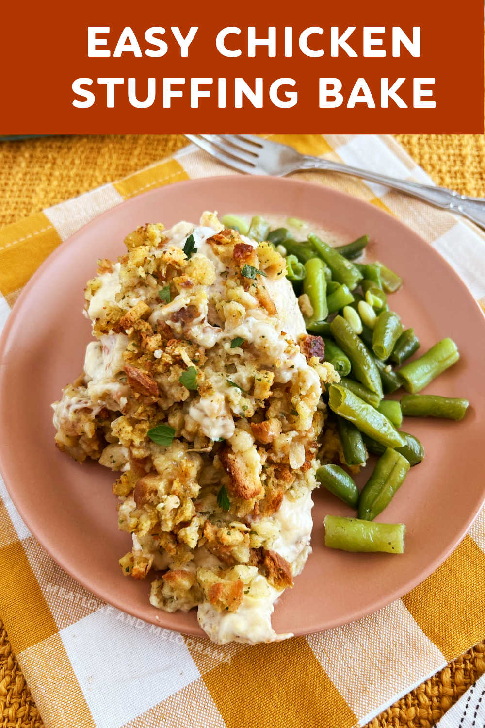 Easy Chicken Stuffing Bake is an easy dinner recipe with chicken breasts and Stove Top stuffing mix baked into a hearty casserole. Add green beans or your favorite veggies for a complete meal the whole family will love. via @meamel