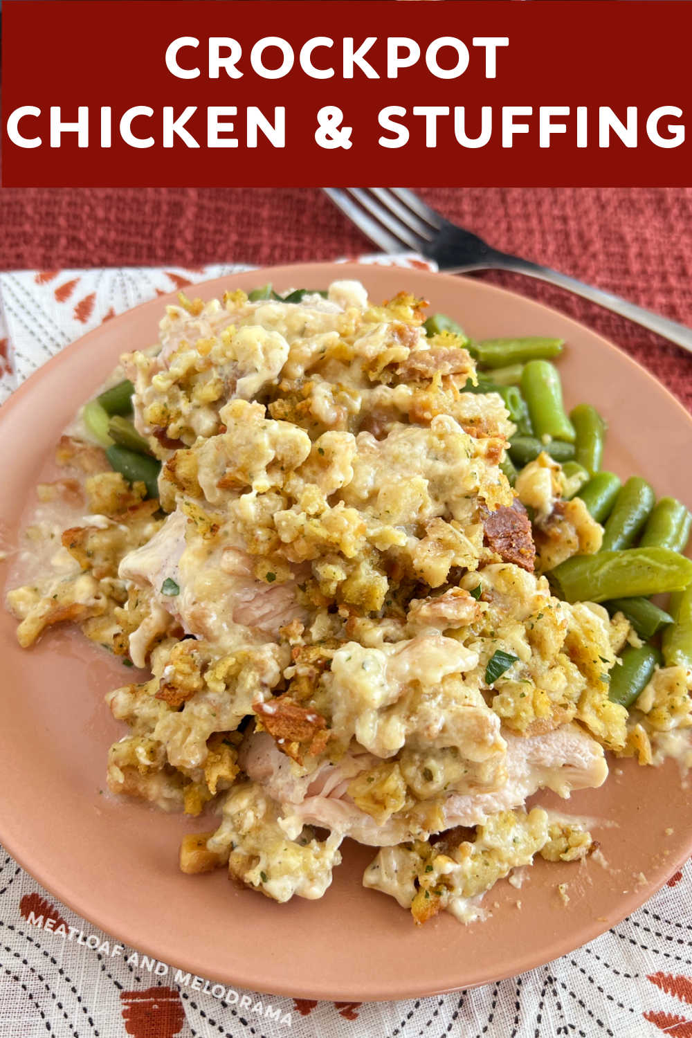 CrockPot Chicken and Stuffing is an easy slow cooker chicken recipe made with simple ingredients. An easy recipe and delicious dinner the whole family loves and a great idea for an alternative Thanksgiving dinner! via @meamel