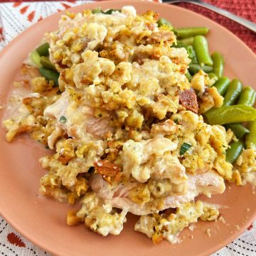 crockpot chicken and stuffing with green beans on a plate