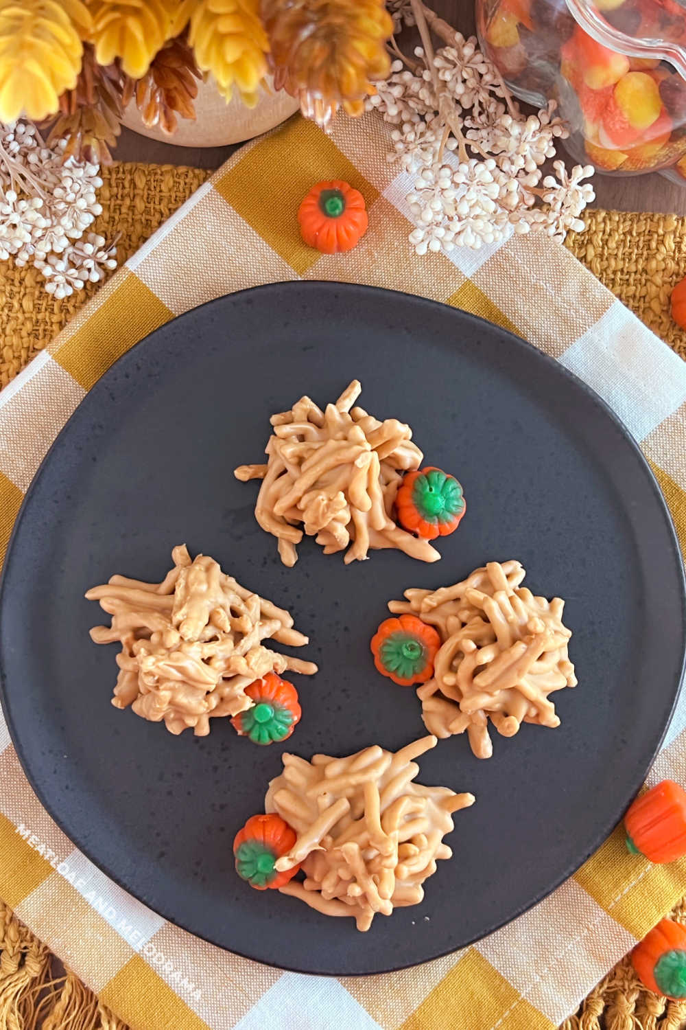 overhead pic of butterscotch haystack cookies with pumpkins