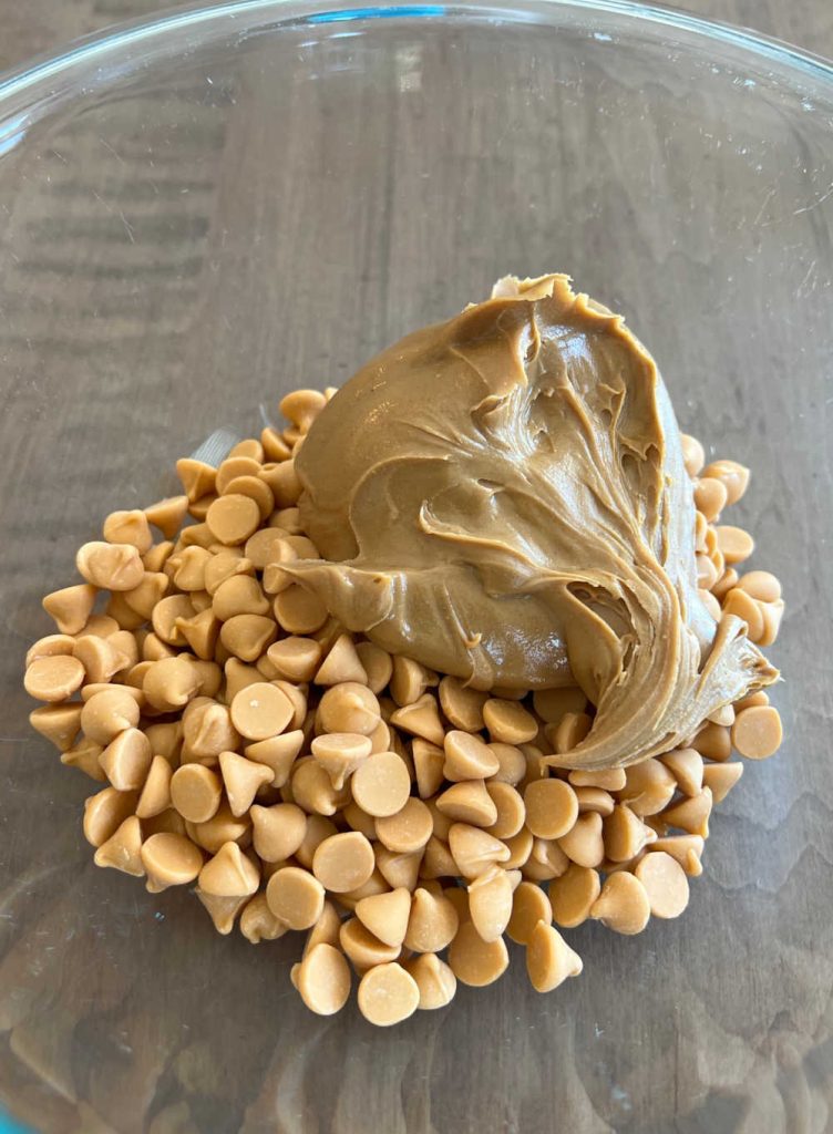 butterscotch morsels and creamy peanut butter in bowl