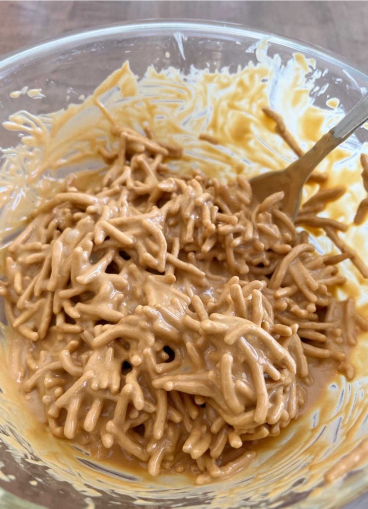 chow mein noodles coated in butterscotch mixture