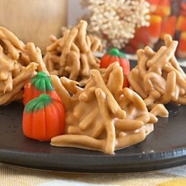 no bake haystack cookies with butterscotch and marshmallow pumpkins on plate