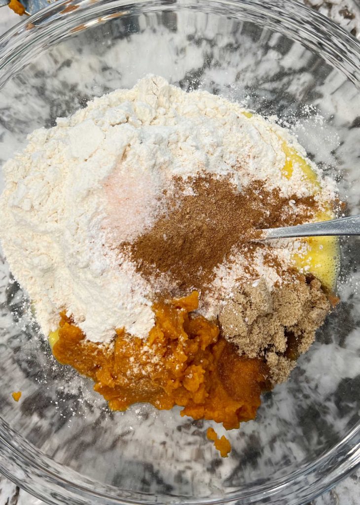 pumpkin puree, flour, salt, soda, sugar and eggs in mixing bowl