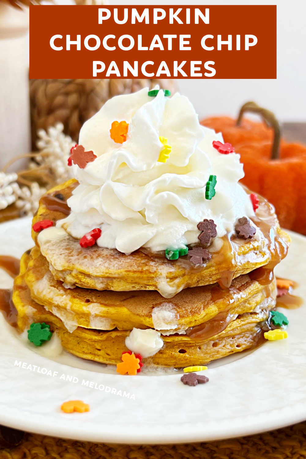 Pumpkin Chocolate Chip Pancakes are easy homemade pumpkin pancakes filled with chocolate chips. This easy pumpkin pancake recipe makes a delicious breakfast perfect for crisp fall mornings! via @meamel