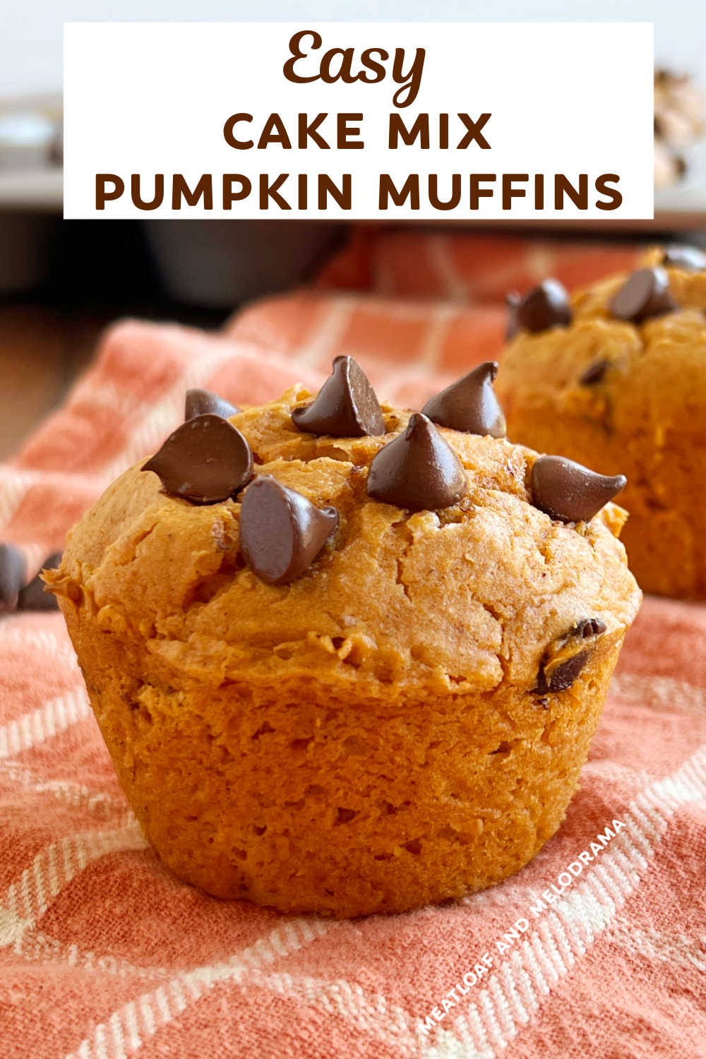 Easy Pumpkin Chocolate Chip Muffins are pumpkin muffins made with a box of cake mix and pumpkin puree. A simple pumpkin cake mix muffin recipe for a quick fall breakfast or snack! via @meamel