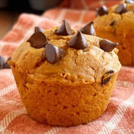 cake mix pumpkin muffin with chocolate chips on table