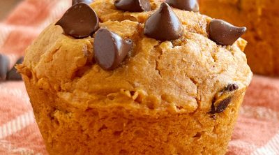 cake mix pumpkin muffin with chocolate chips on table
