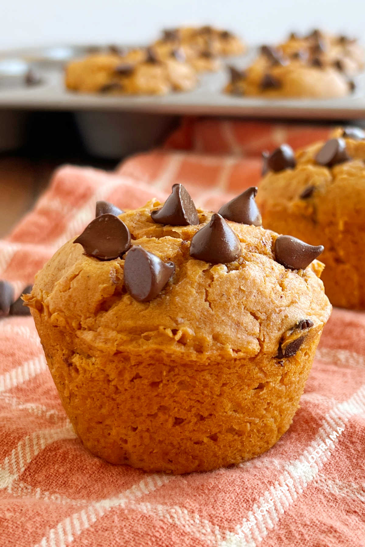cake mix pumpkin muffins with chocolate chips on the table