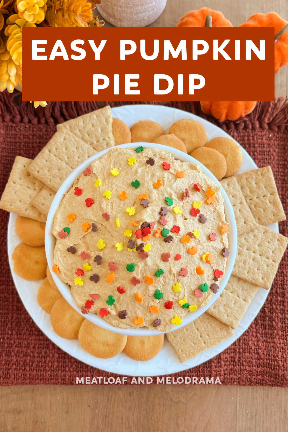 Easy Pumpkin Pie Dip with Cool Whip and pumpkin puree is an easy recipe for a quick fall dessert or appetizer. This fluffy sweet dip is perfect for Halloween or Thanksgiving and comes together in minutes! via @meamel