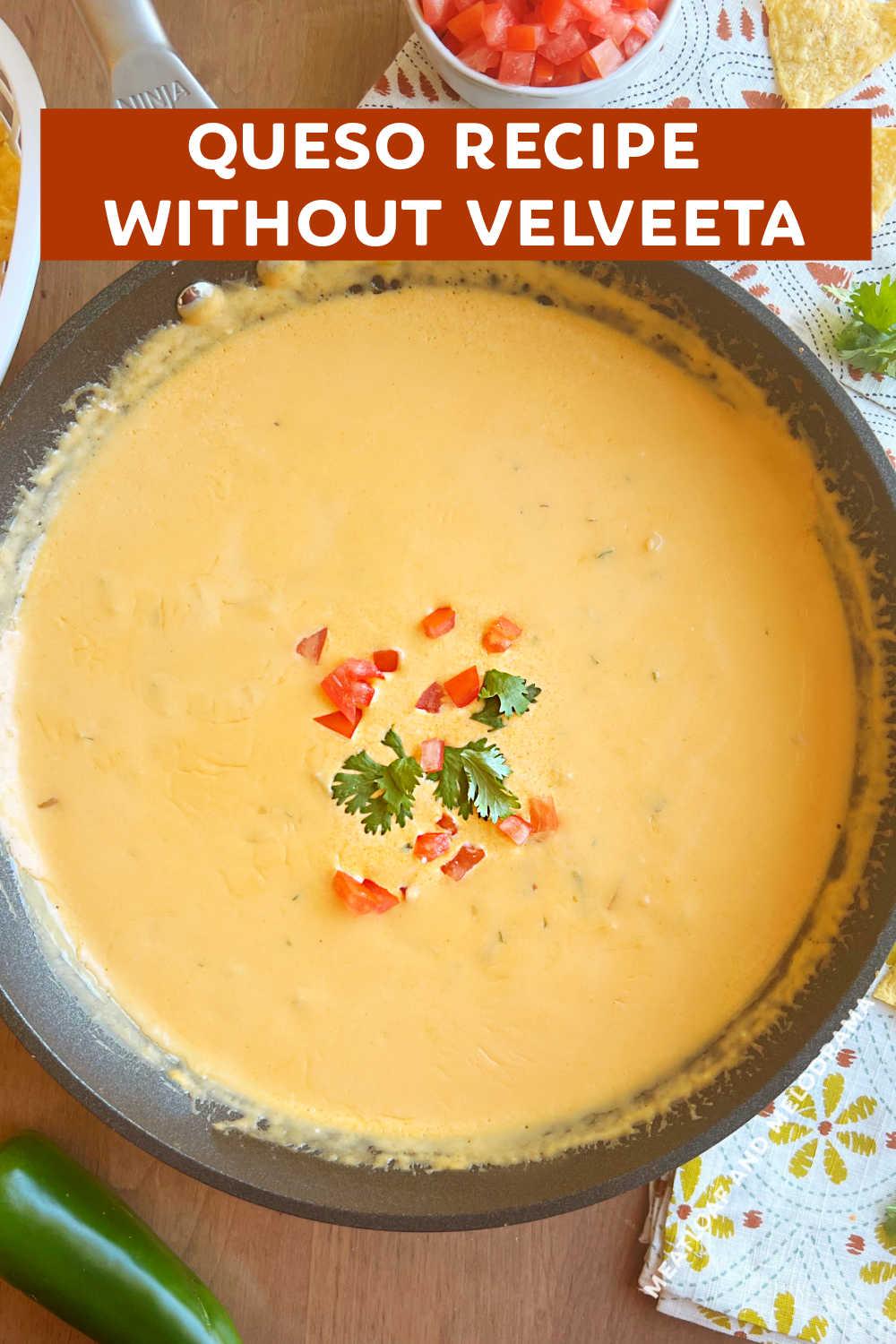 Easy Homemade Queso recipe without Velveeta is made with real cheese in a skillet on the stove top. It's a delicious appetizer for game day along with tortilla chips for dipping! via @meamel