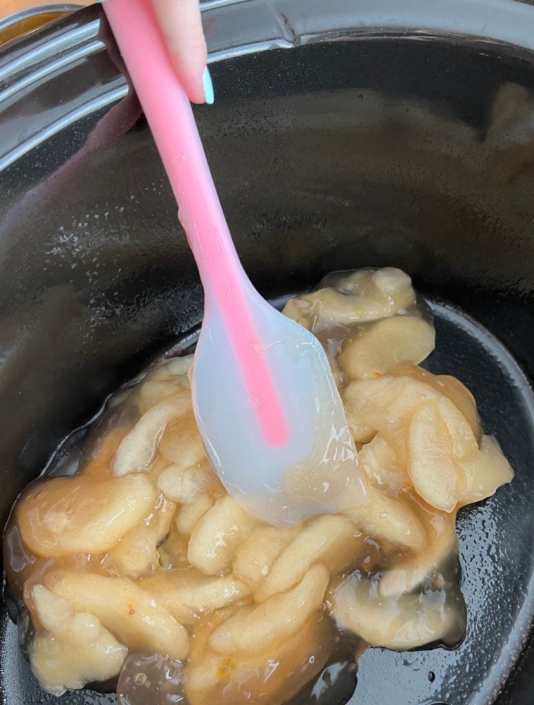 spread apple pie filling in bottom of slow cooker