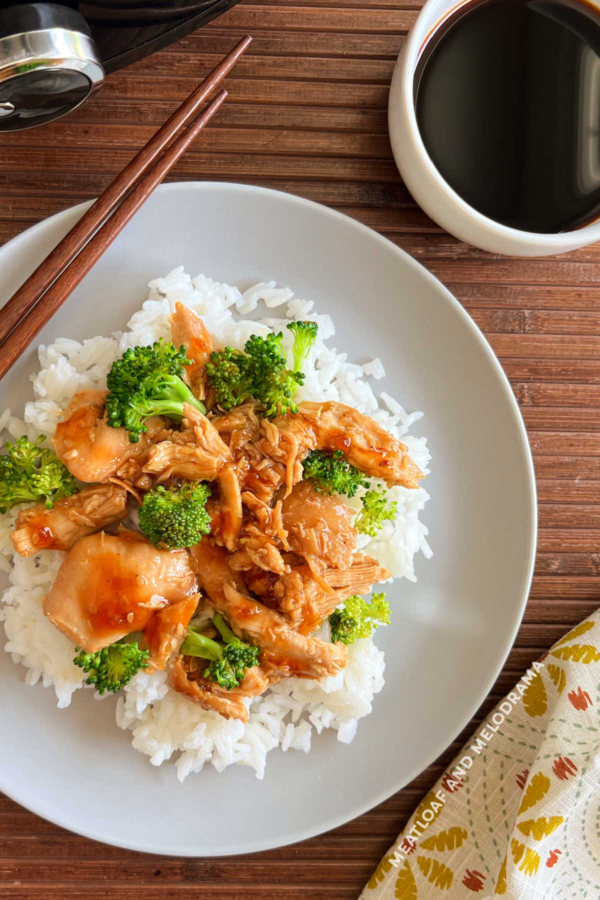 close up teriyaki chicken and broccoli over rice