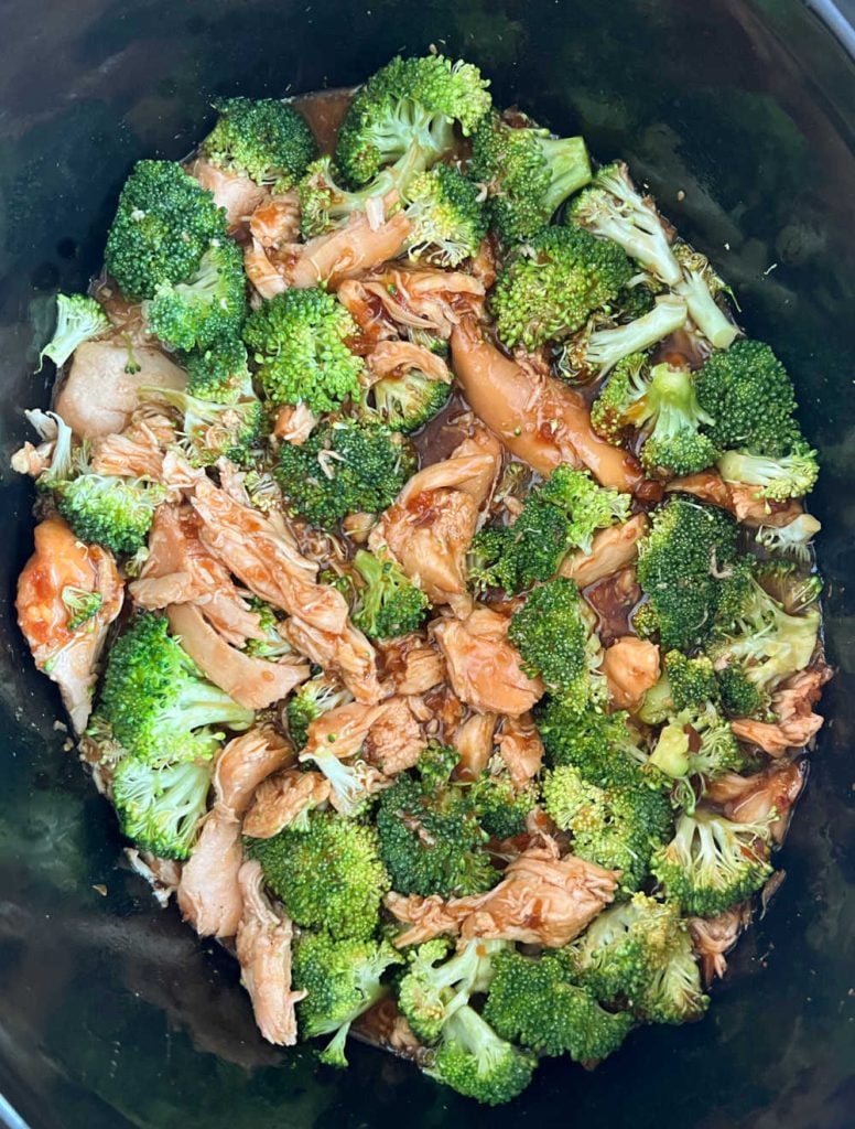 shredded chicken with broccoli florets  in crock pot